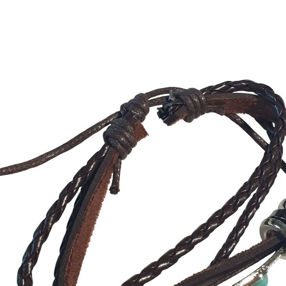 Braided Leather Feather Bracelet Blue Bead Adjustable Brown Band Tribal Design - Picture 2 of 4